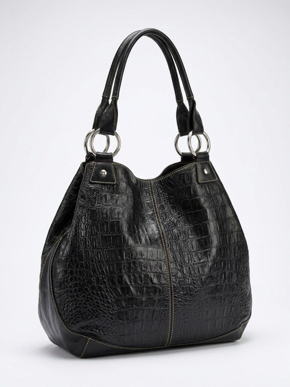 Y2K Candie’s Black FauxLeather Shoulder Bag Moto Hobo Boho Purse Crock Embossed